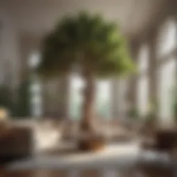 Luxurious interior showcasing a big fake tree in an elegant living room