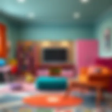 Colorful playroom featuring a well-designed entertainment area
