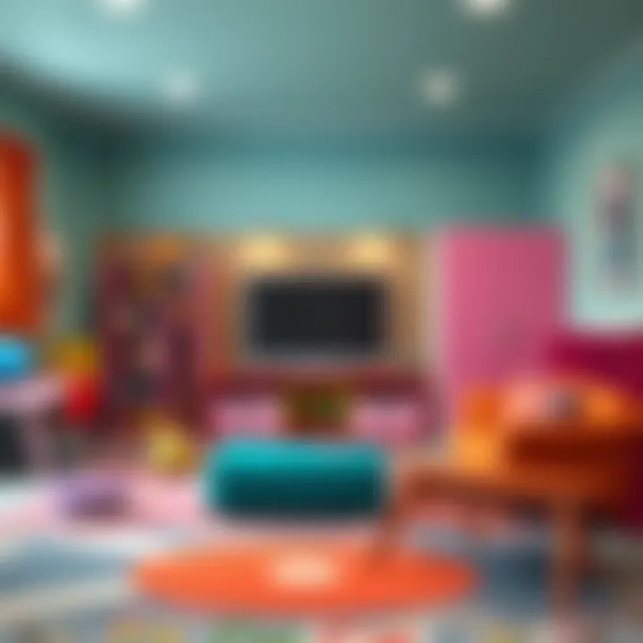 Colorful playroom featuring a well-designed entertainment area