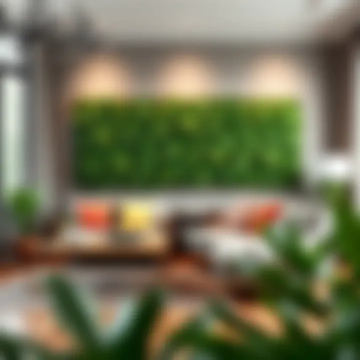 A beautifully designed room featuring a faux greenery wall as a focal point