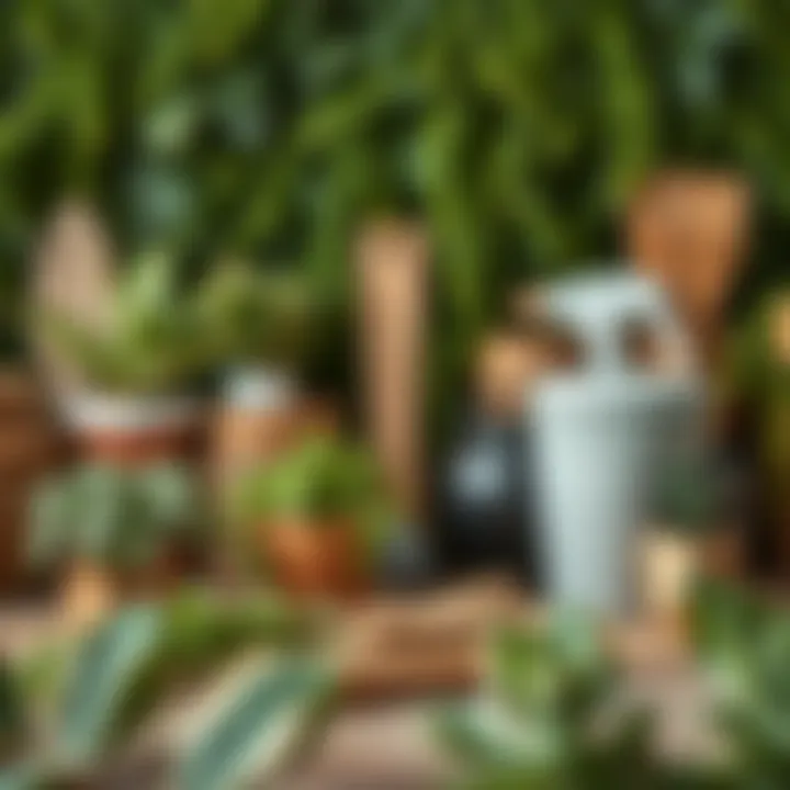 Materials used for crafting a faux greenery wall, including various plants and tools