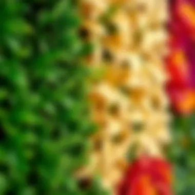 Close-up of different textures and colors in a faux greenery wall arrangement