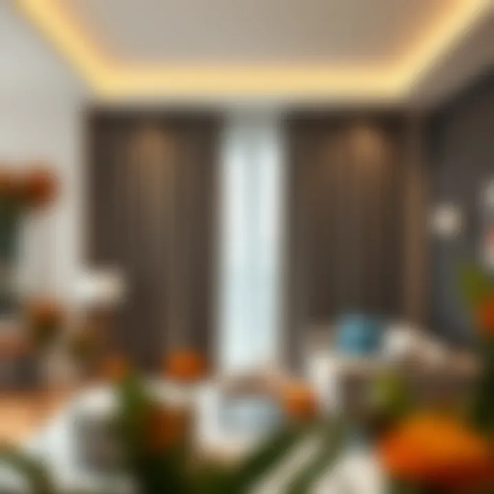 A stylish interior showcasing coordinated grey curtains