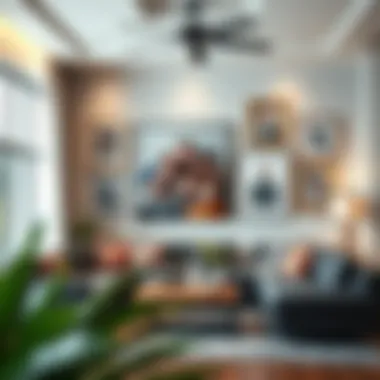 A cozy living room featuring oversized wall frames with family portraits