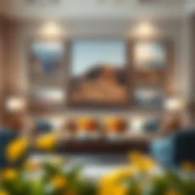 Stylish arrangement of big wall frames with landscape photography