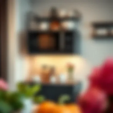 Elegant black microwave cart with organized kitchenware