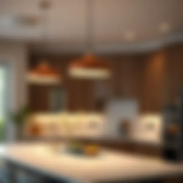 Sleek pendant lights above a kitchen island