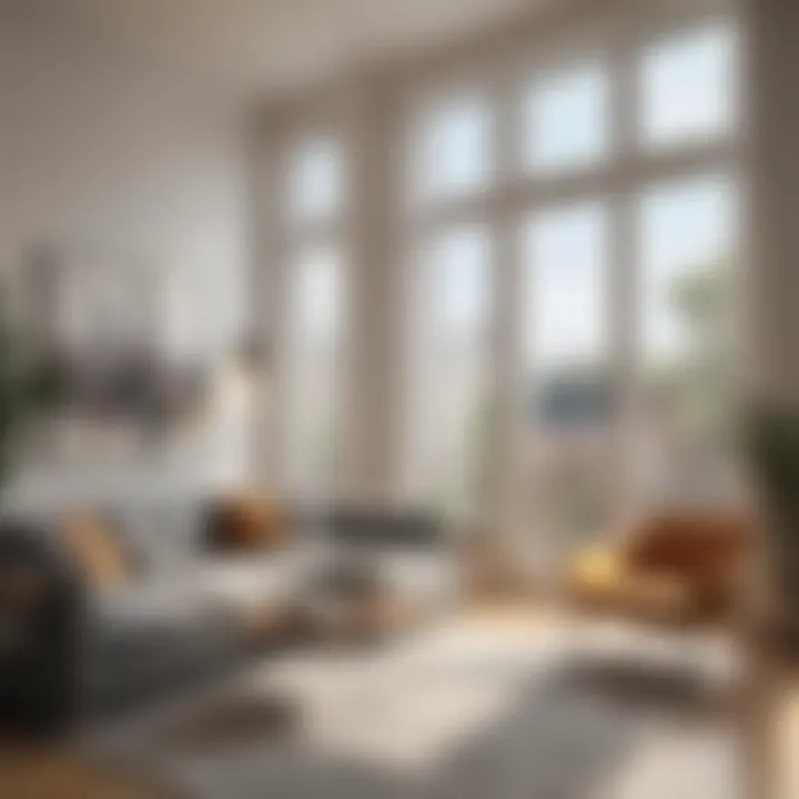 Stylish living room featuring high windows with electric blinds