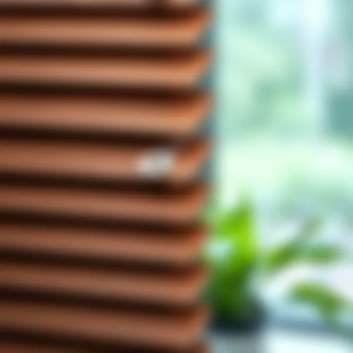 Close-up of faux wood blinds showcasing texture and detail