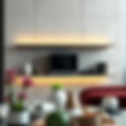 Modern floating shelf showcasing a DVD player with decorative items