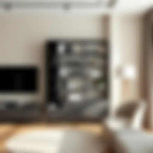 Modern freestanding shelving unit in a stylish living room setting