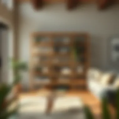 Rustic wooden freestanding shelving unit displaying decorative items