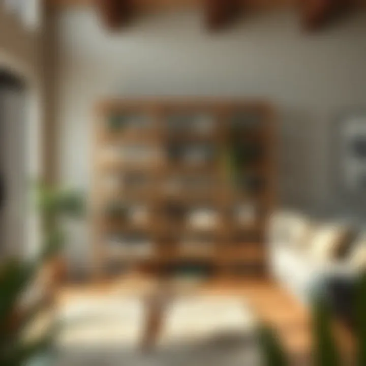 Rustic wooden freestanding shelving unit displaying decorative items