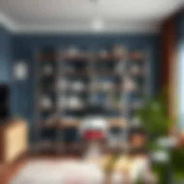 Freestanding shelving unit in a vibrant home office with books and decor