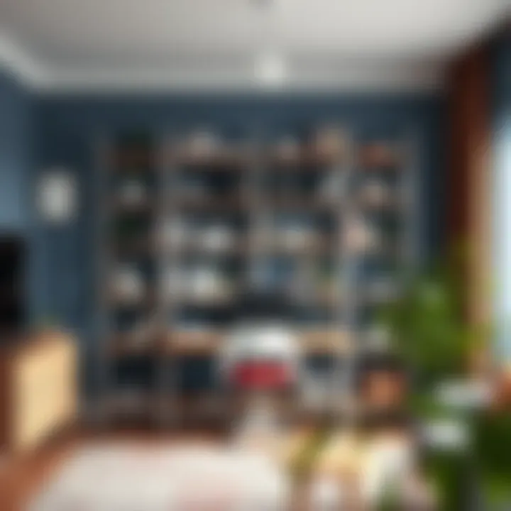 Freestanding shelving unit in a vibrant home office with books and decor