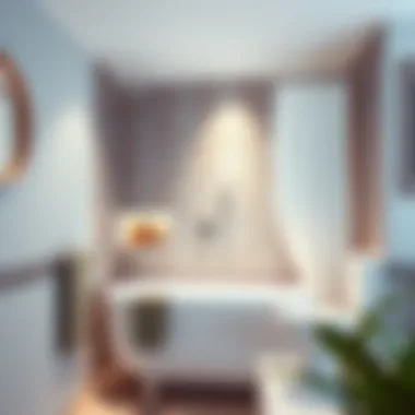 Stylish bathroom featuring a modern spring loaded shower curtain rod in use