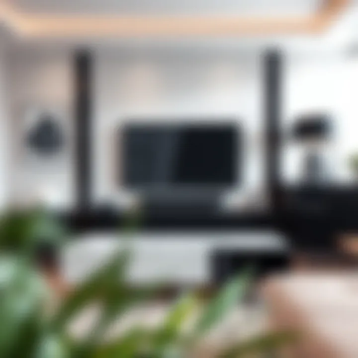 A sleek high gloss floating TV stand in a modern living room