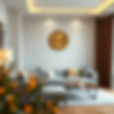 Artistic interpretation of a gold wall clock integrated into a contemporary living space