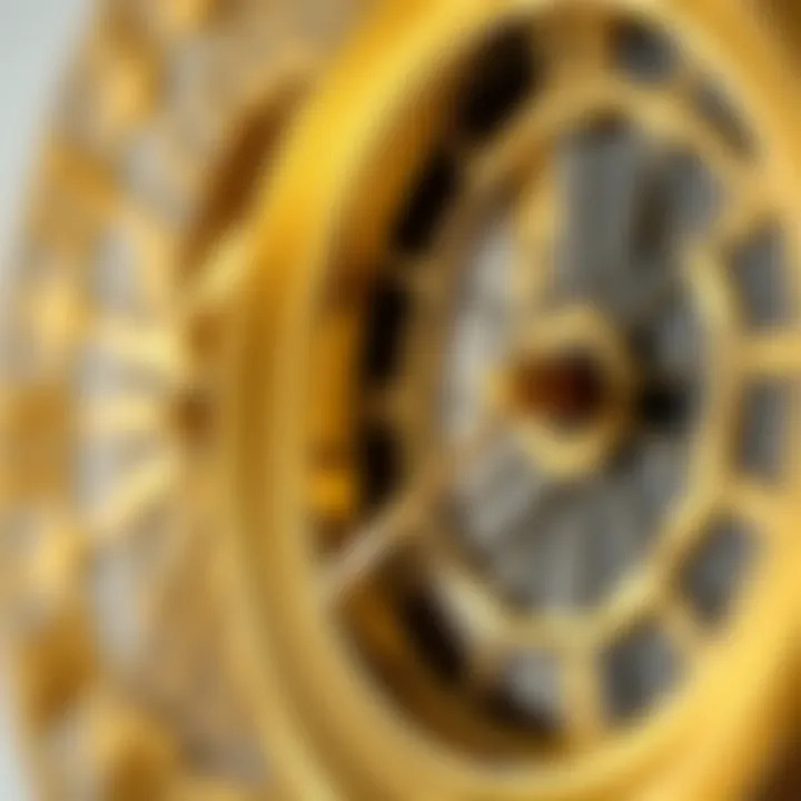 Close-up of the intricate details and materials used in a gold wall clock