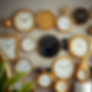 Stylish arrangement of various gold wall clocks showcasing different design trends