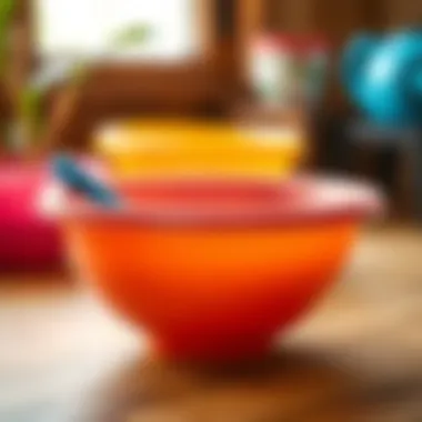 Close-up of a colorful plastic mixing bowl showcasing its durable material