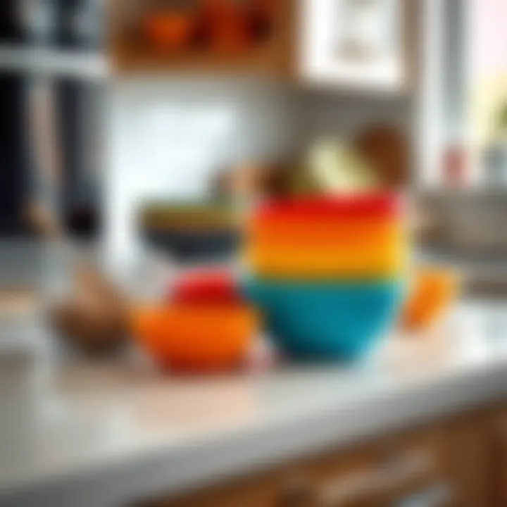 Stylish arrangement of various plastic mixing bowls on a kitchen counter