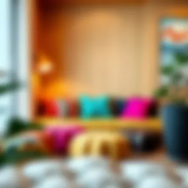 An array of colorful pouf cushions in a cozy reading nook