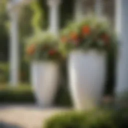 Elegant tall white planters adorned with vibrant flowers in a sunlit garden setting.