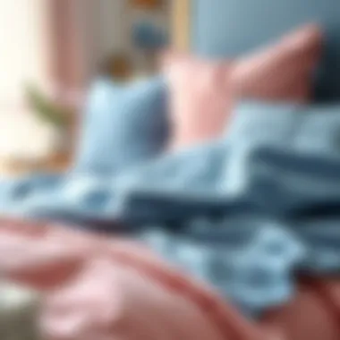 Close-up of luxurious fabric options for pink and blue bedspreads