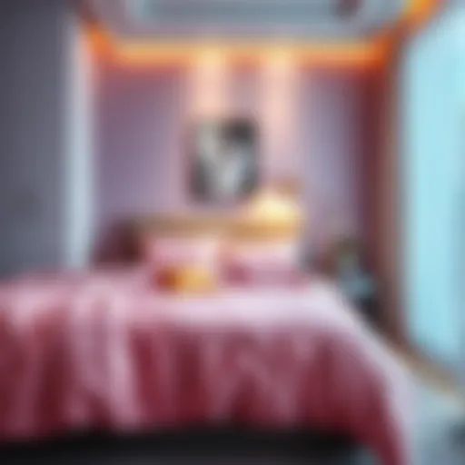 A serene bedroom featuring a pink bedspread that exudes warmth and comfort