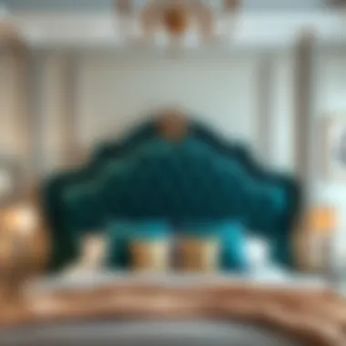 Elegant bedroom with an ornate velvet plush headboard as a focal point