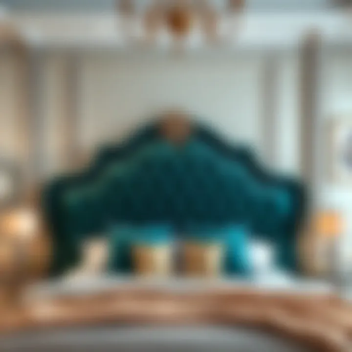 Elegant bedroom with an ornate velvet plush headboard as a focal point