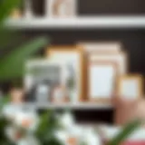 Aesthetic arrangement of collage frames on a stylish shelf