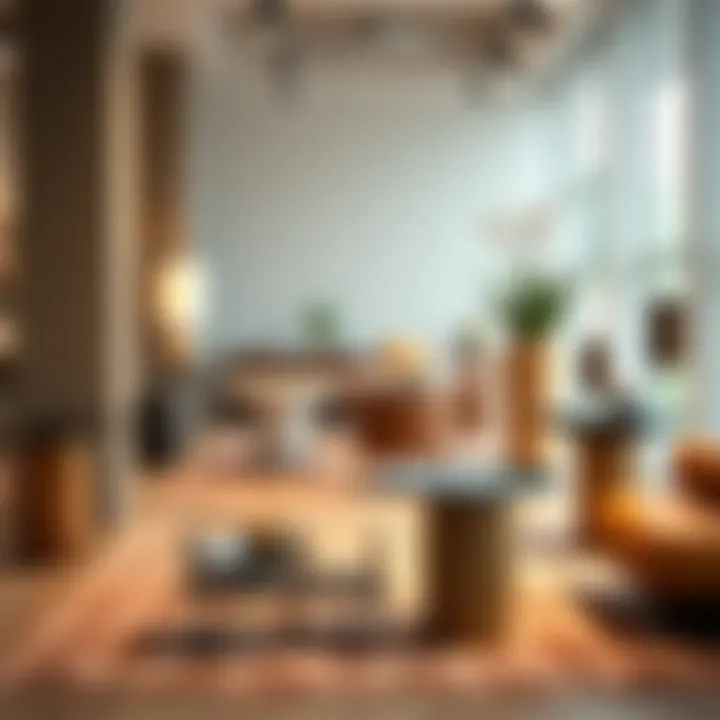 Different styles of very tall side tables arranged in a gallery