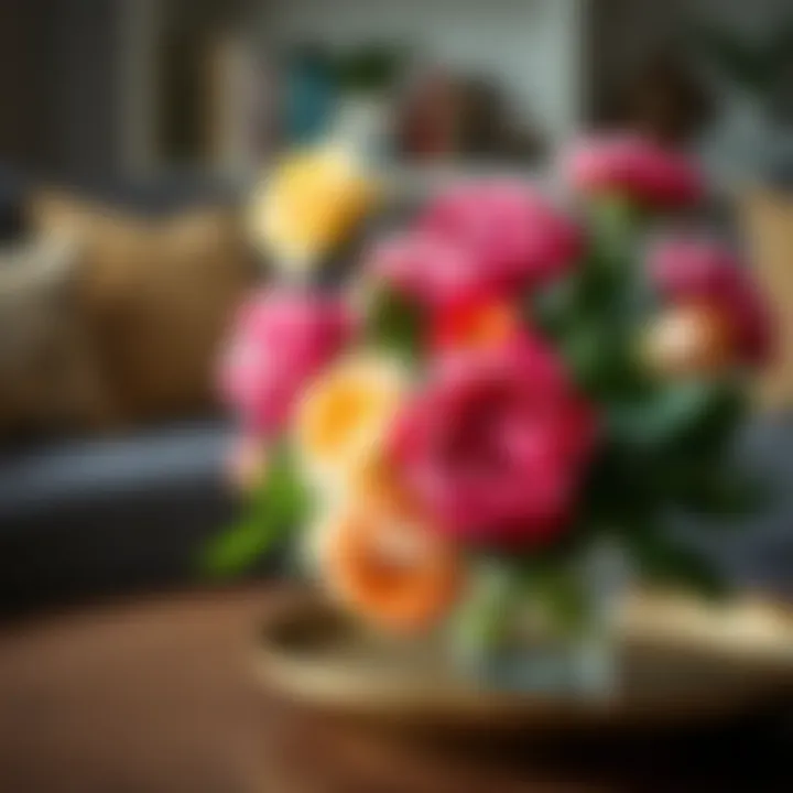 Stunning Coffee Table Floral Arrangement Close-up of vibrant small artificial peonies arranged on a coffee table