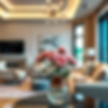 Elegant Living Room with Peonies A serene living room adorned with small artificial peonies in a stylish vase