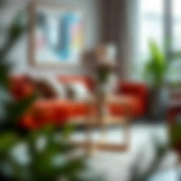 A modern small art table in a vibrant living room setting