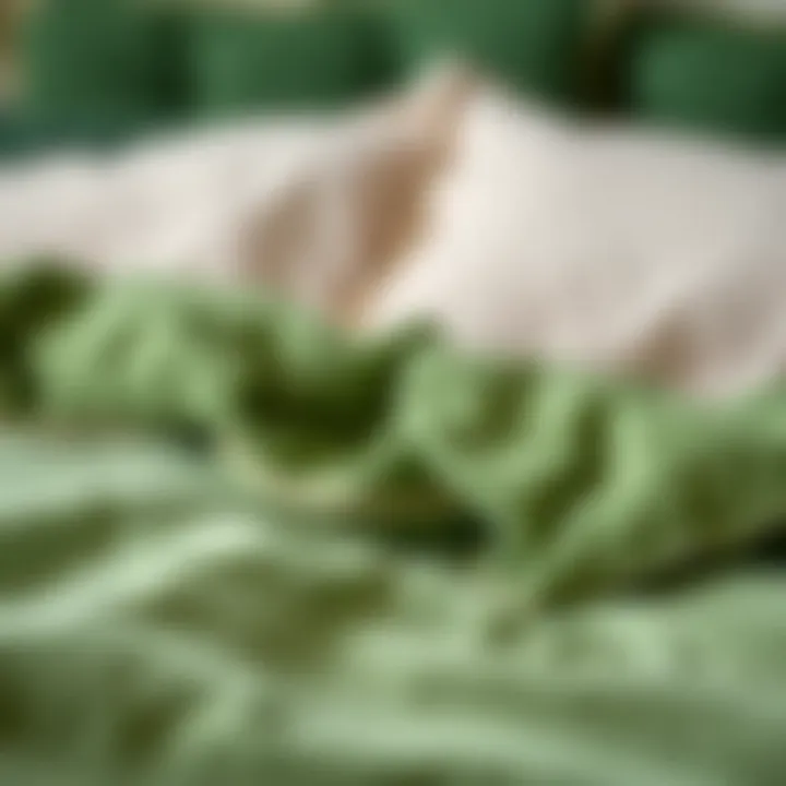 Close-up of luxurious fabric textures in green bedding