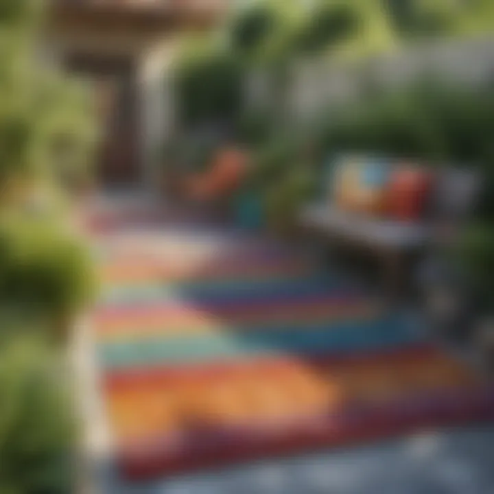 Colorful 6x12 outdoor carpet in a garden setting