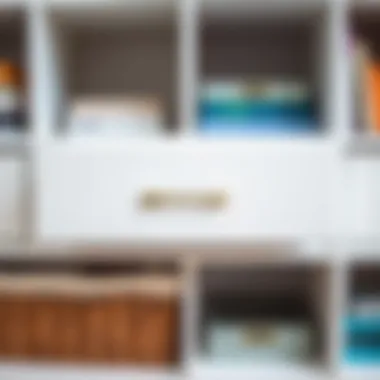 Close-up of white bookshelf drawers displaying organizational features