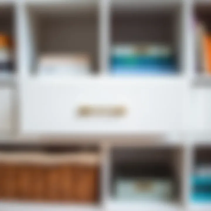 Close-up of white bookshelf drawers displaying organizational features