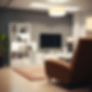 Modern living room featuring a white bookshelf with integrated drawers