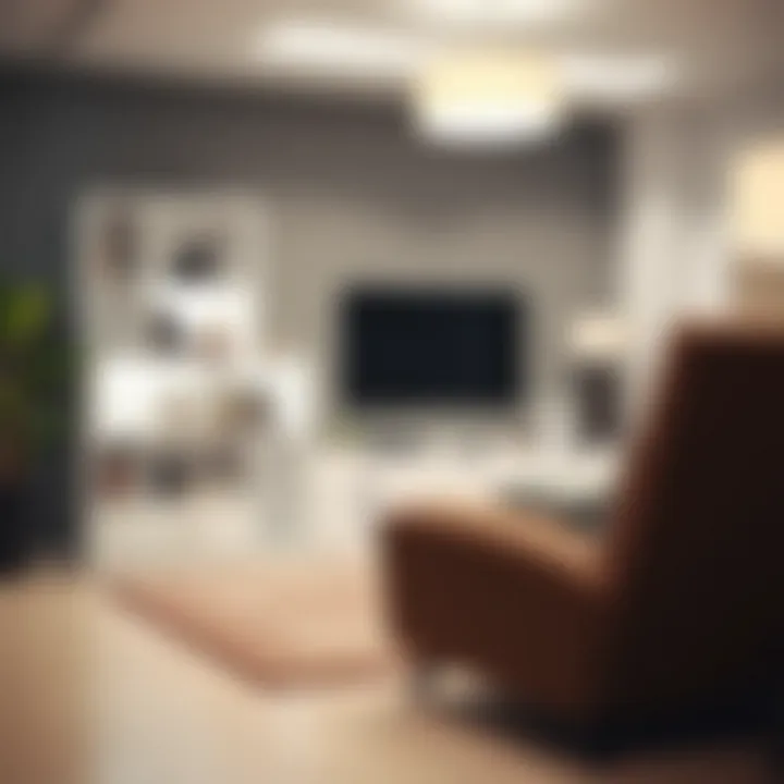 Modern living room featuring a white bookshelf with integrated drawers