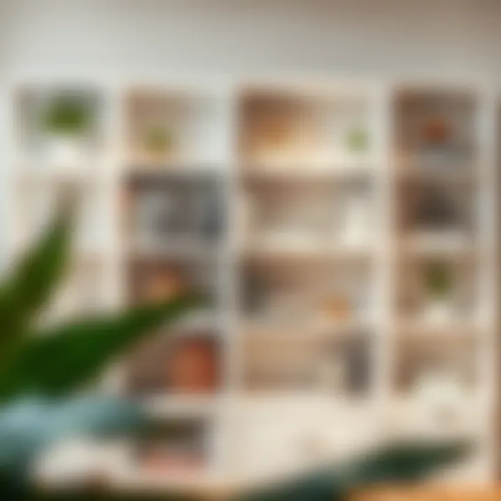 White bookshelf styled with decorative items and practical applications