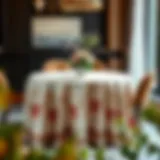 Elegant Table Arrangement Elegant 80 inch round table with a beautifully draped cloth showcasing intricate patterns