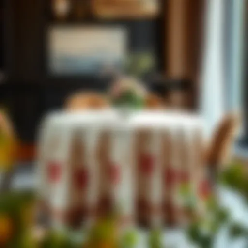 Elegant Table Arrangement Elegant 80 inch round table with a beautifully draped cloth showcasing intricate patterns