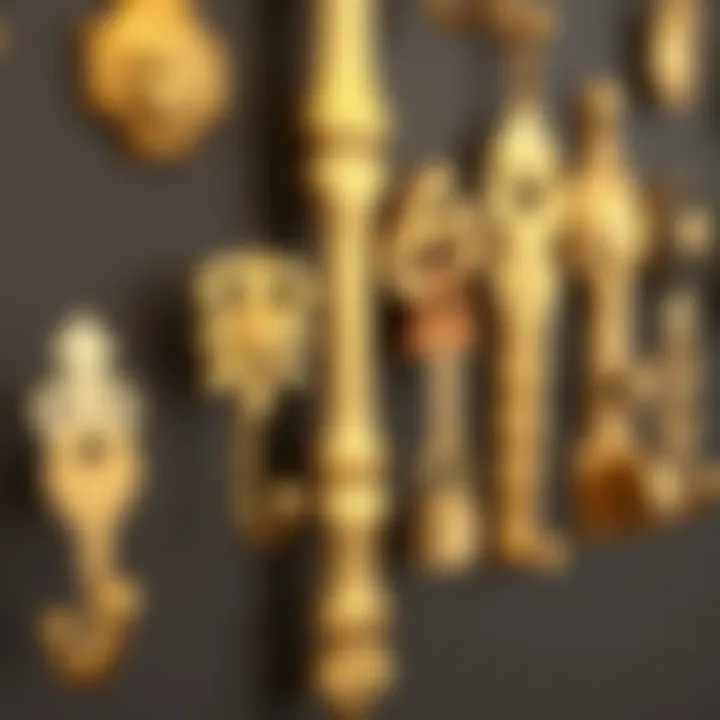 Creative arrangement of gold key hooks in various designs