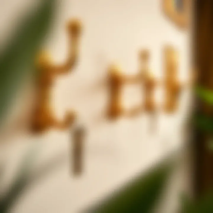 Elegant gold key hooks mounted on a stylish wall