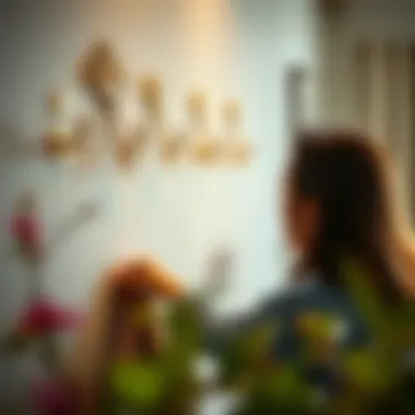 Homeowner installing gold key hooks on a feature wall