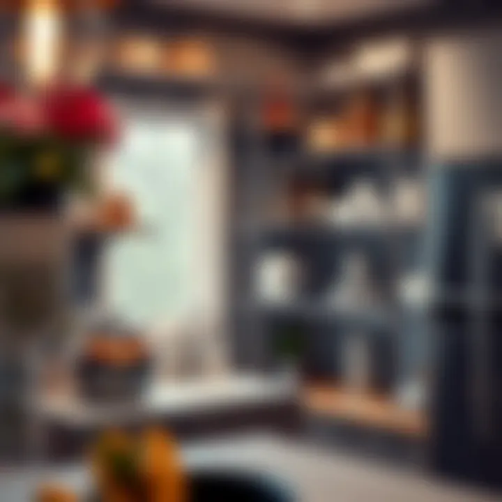 Wire shelving utilized in a compact kitchen